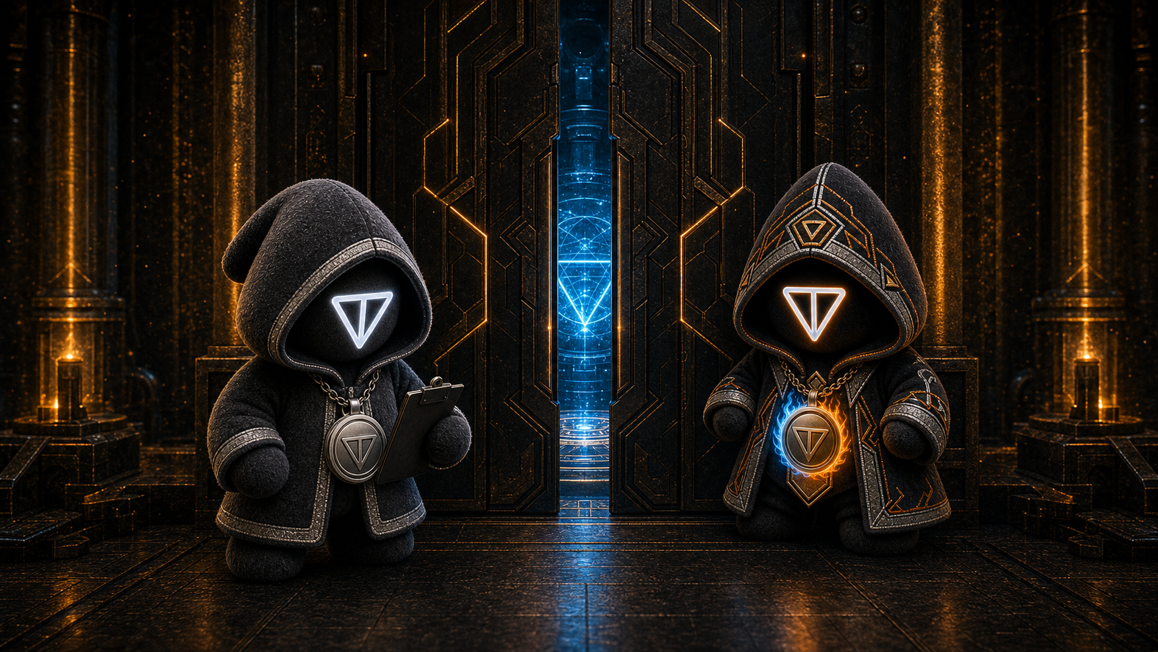 A $TCULT guardian at a glowing evidence gate.