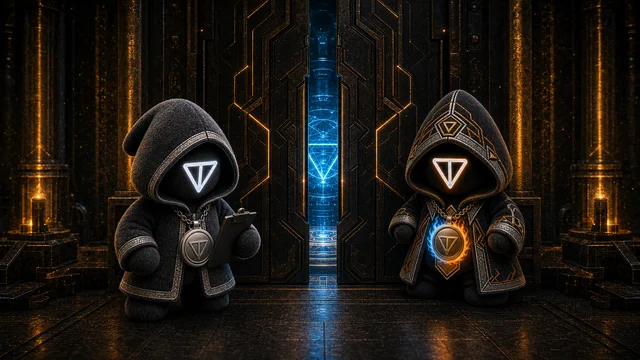 $TCULT Guard with Ledger and Aegis inspecting a glowing TON route gate before the user proceeds.