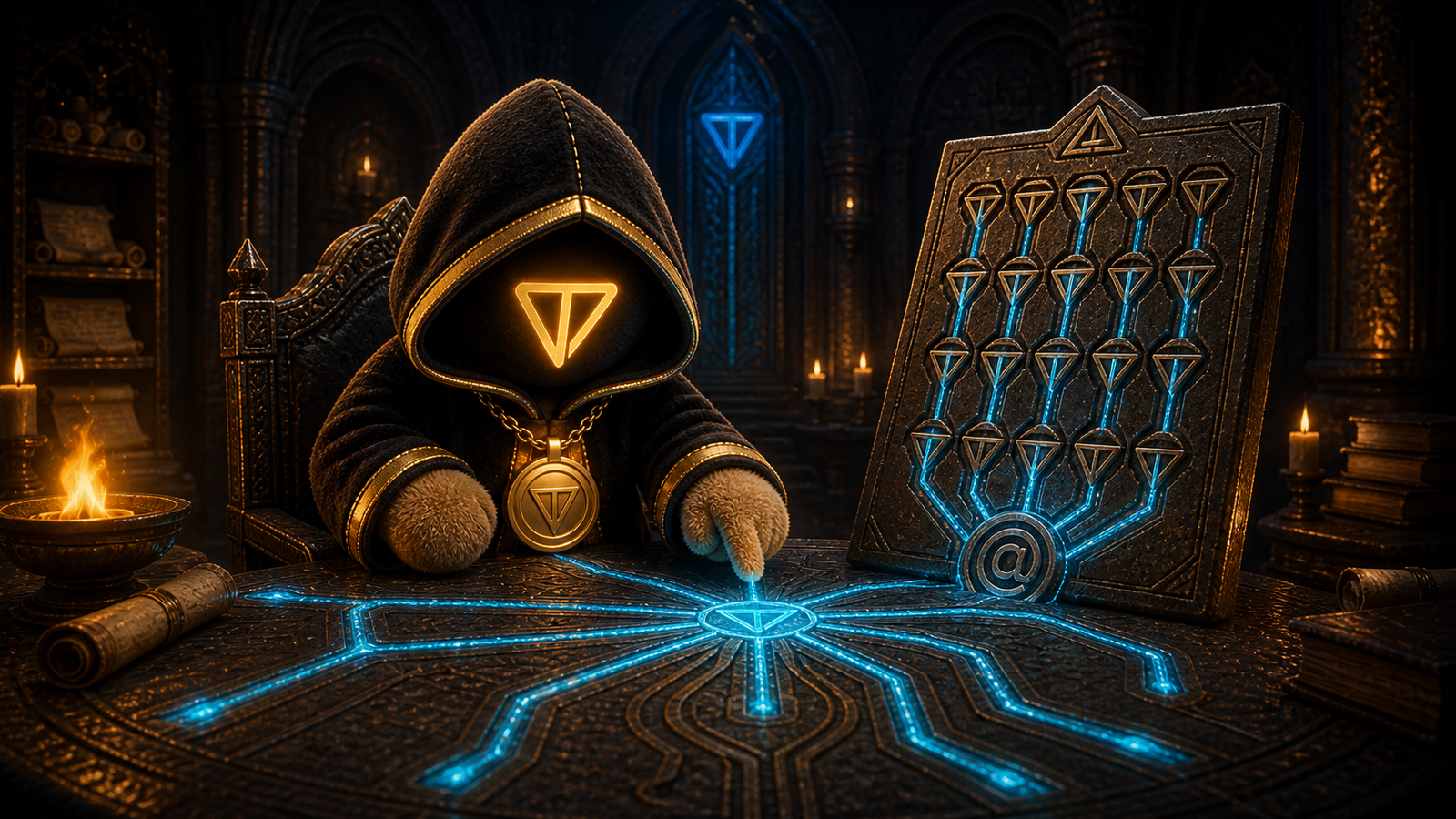 Cipher, a gold-marked hooded $TCULT plush, routes cyan crystal lines across a carved temple council table into a board of Telegram name glyphs.